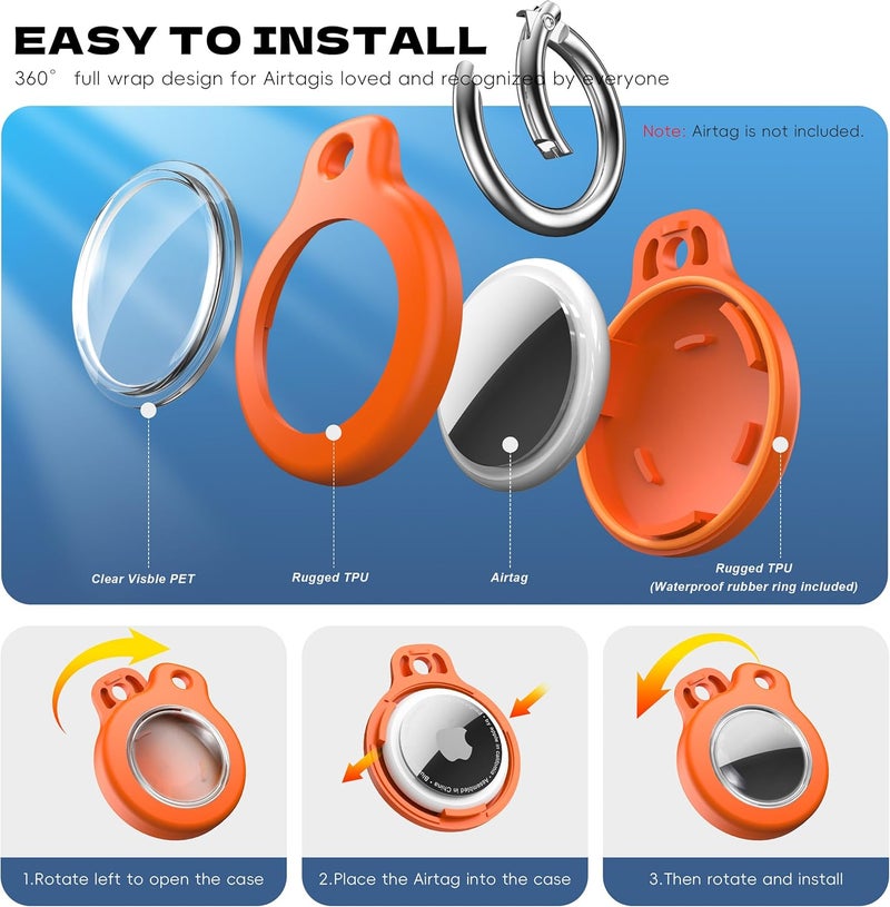 RFUNGUANGO 2025 New Waterproof Keychain Holder - (Set of 4) Locking Case with Cable, Compatible with Apple, Ultra Durable Loss Prevention Case for Luggage, Keys,Black, Orange, Blue, Red - Image 3